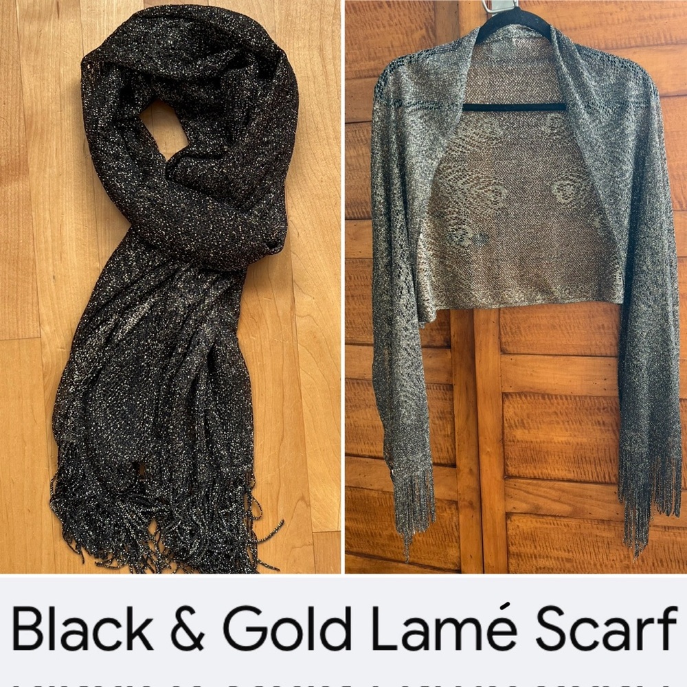 ⚜️Vintage Sheer Black Metallic Gold Lame Fringed Scarf | 19”W x 65”L+4” Fr